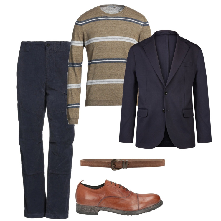Outfit uomo - Un mix simpatico. Stile Trendy per Ufficio. Abbinamento con scarpe stringate, cinture, pullovers, pantaloni cargo, giacche.