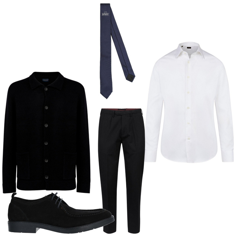 Outfit uomo - Cardigan e cravatta. Stile Business/Elegante per Ufficio. Abbinamento con scarpe stringate, cravatte, pantaloni, cardigans, camicie.