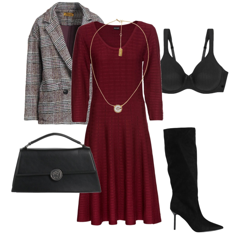 Outfit donna - Il vestito bordeaux. Stile Bon Ton per Serata fuori. Abbinamento con vestiti, collane, blazer, stivali, borse a mano, reggiseni.