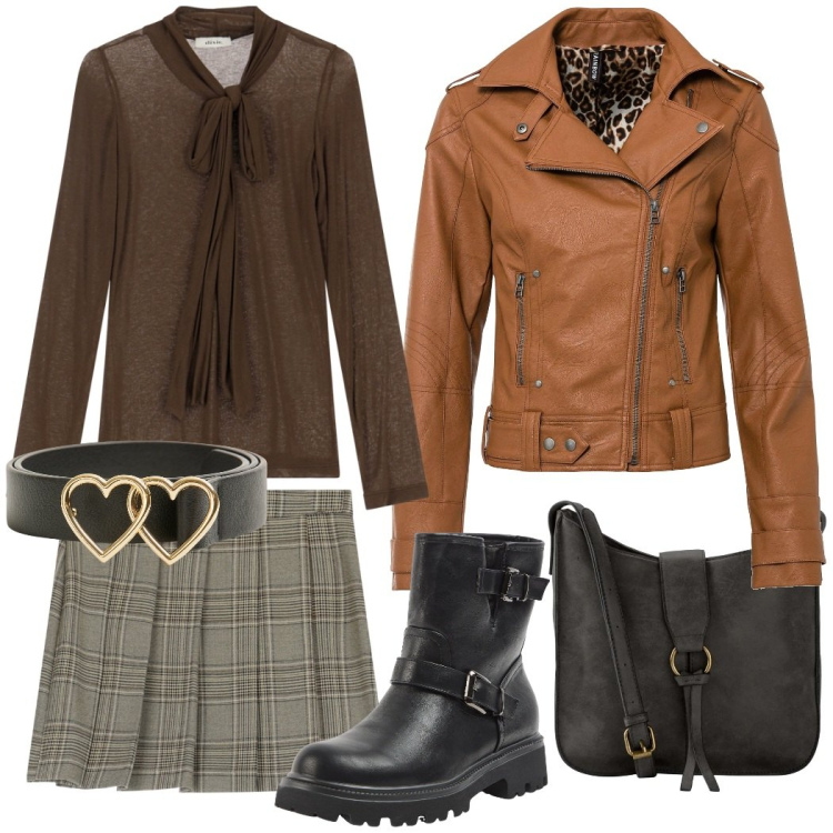 Outfit donna - Il chiodo color cuoio. Stile Casual chic per Tutti i giorni. Abbinamento con borse a tracolla, blazer, cinture, stivaletti, minigonne, maglieria.