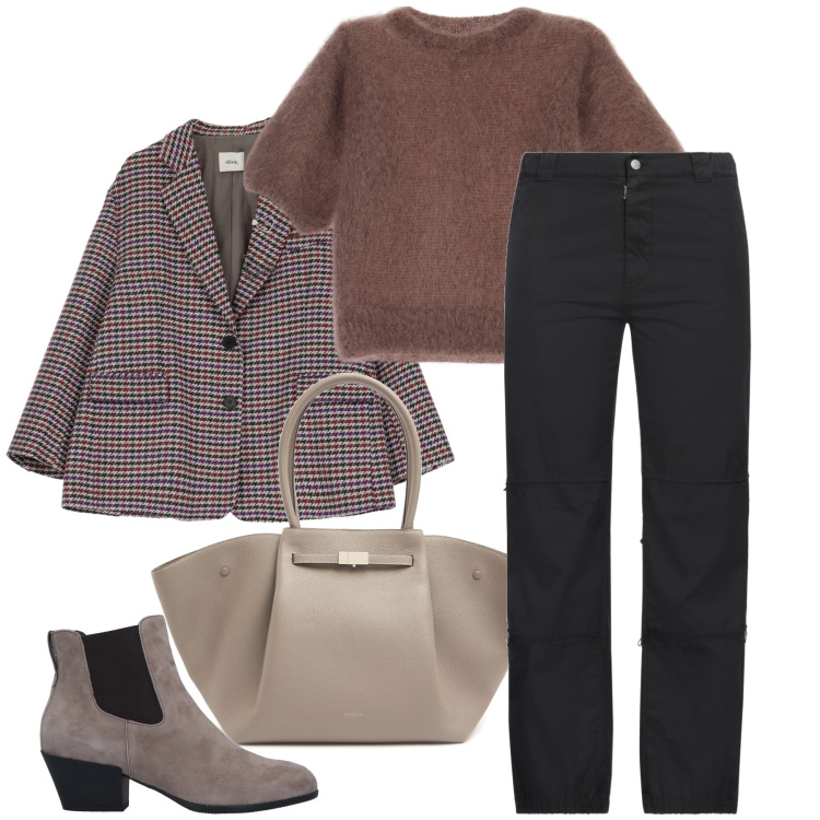 Outfit donna - Gli stivaletti scamosciati. Stile Bon Ton per Ufficio. Abbinamento con stivaletti chelsea, pantaloni, t-shirt, blazer, shopping bag.