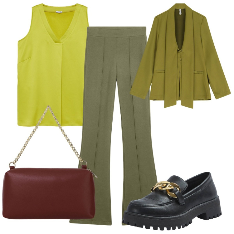 Outfit donna - Total look #2038119. Stile Trendy per Tutti i giorni. Abbinamento con mocassini, pantaloni, blazer, borse a tracolla, top.