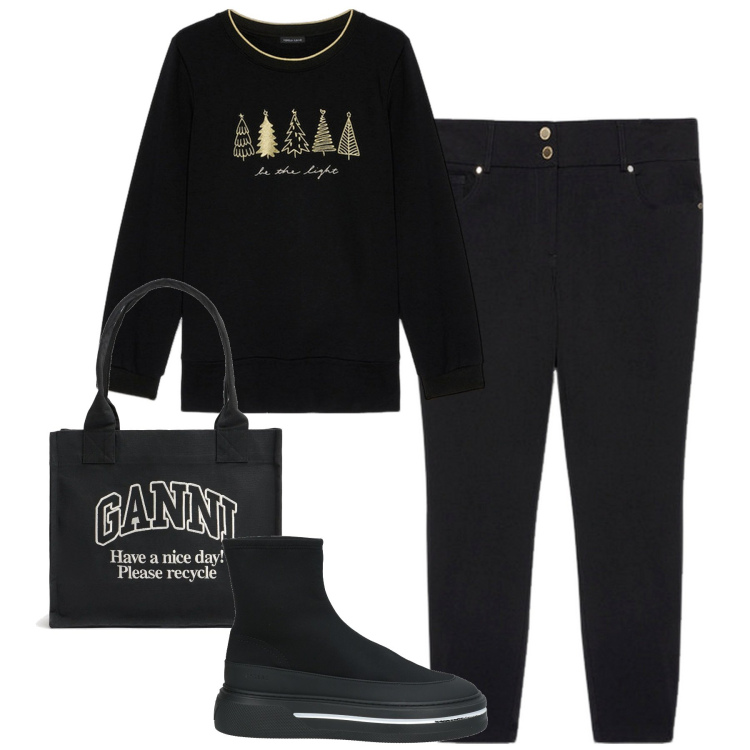 Outfit donna - City. Stile Casual per Tutti i giorni. Abbinamento con sneakers, pantaloni skinny, felpe, shopping bag.