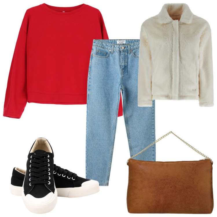 Outfit donna - Total look #2038131. Stile Casual per Tutti i giorni. Abbinamento con jeans mom, felpe, cappotti, pochette, sneakers.
