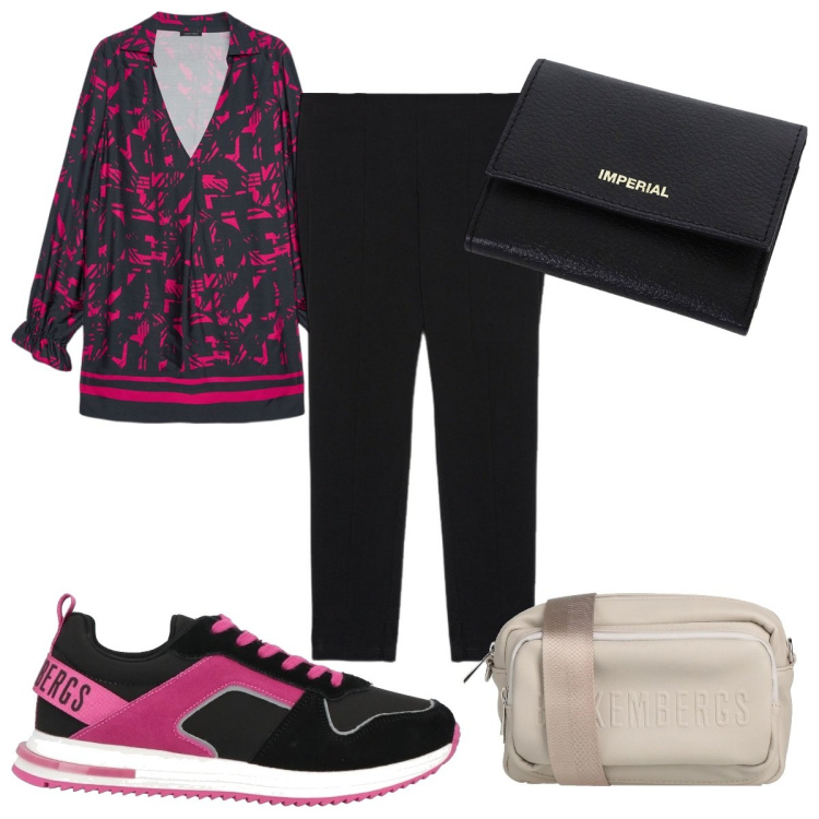 Outfit donna - Total look #2038136. Stile Trendy per Tutti i giorni. Abbinamento con sneakers, borse a tracolla, portafogli, pantaloni skinny, bluse.