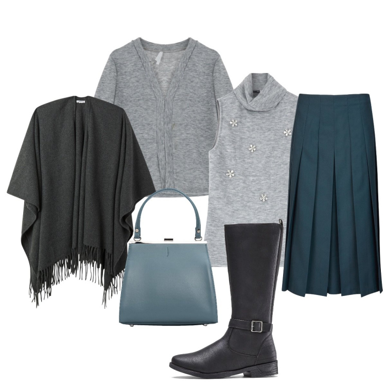 Outfit donna - Layering elegante. Stile Chic per Ufficio. Abbinamento con stivali, cappe, maglieria, cardigans, clutch, gonne longuette.