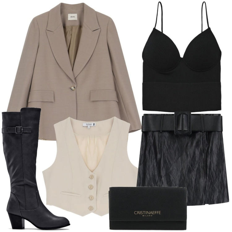 Outfit donna - Serata evento. Stile Chic per Serata fuori. Abbinamento con stivali, borse a mano, top, gilet, minigonne, blazer.
