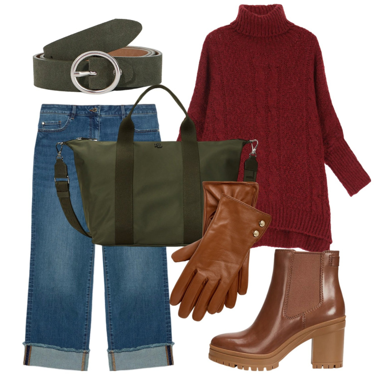 Outfit donna - Country. Stile Basic per Tutti i giorni. Abbinamento con maglieria, cinture, guanti, stivaletti chelsea, borse tote, jeans dritti.