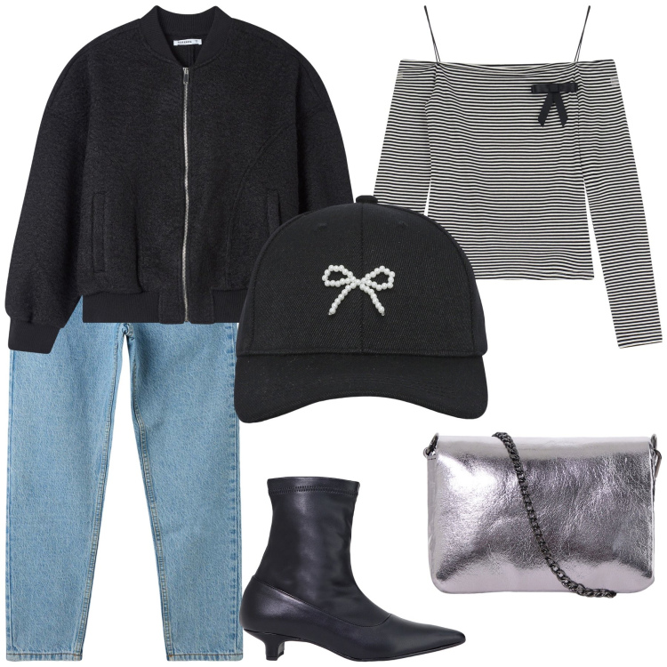 Outfit donna - Aperitivo invernale sul lungomare. Stile Glamour per Serata fuori. Abbinamento con jeans mom, cappelli con visiera, bomber, stivaletti, maglieria, pochette.