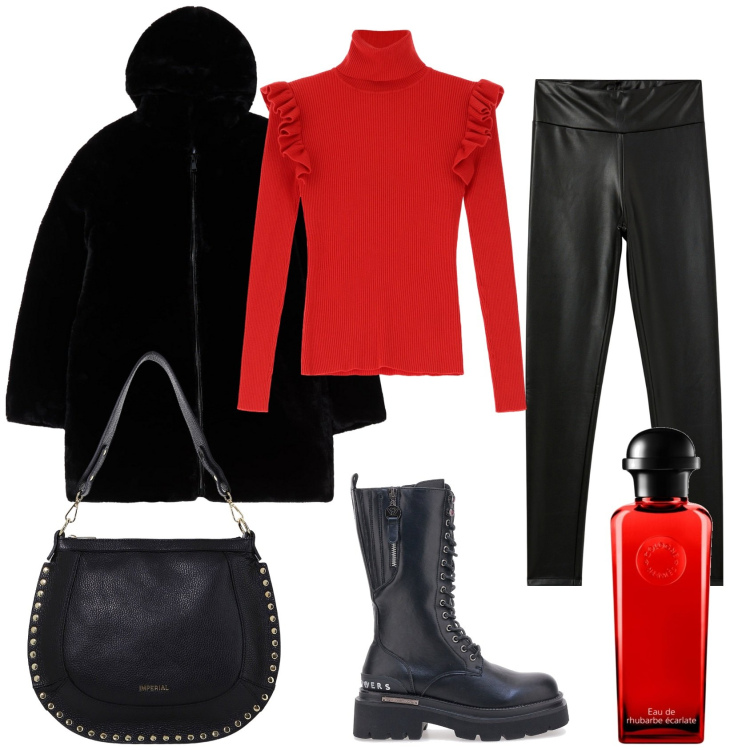 Outfit donna - Rosso rock. Stile Rock per Scuola/Università. Abbinamento con profumi, treggings, ecopellicce, maglieria, borse a spalla, anfibi.
