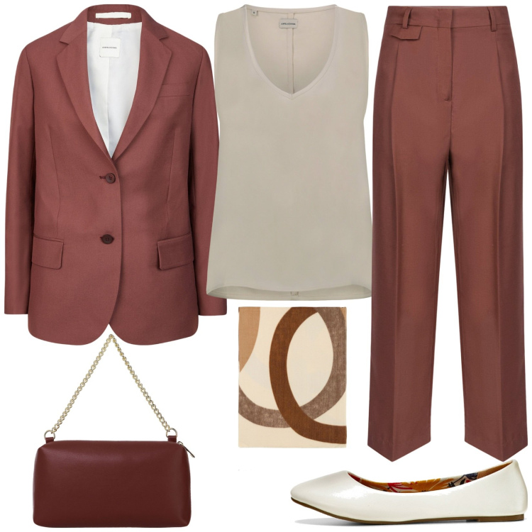 Outfit donna - Tailleur e ballerine. Stile Sporty chic per Tutti i giorni. Abbinamento con ballerine, foulard, borse a tracolla, top, pantaloni, blazer.