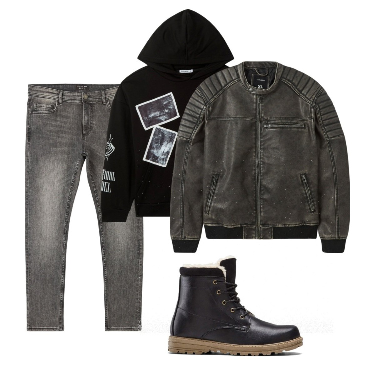 Outfit uomo - Total look #2038167. Stile Urban per Tutti i giorni. Abbinamento con stivali e stivaletti, jeans skinny, giacche, felpe con cappuccio.
