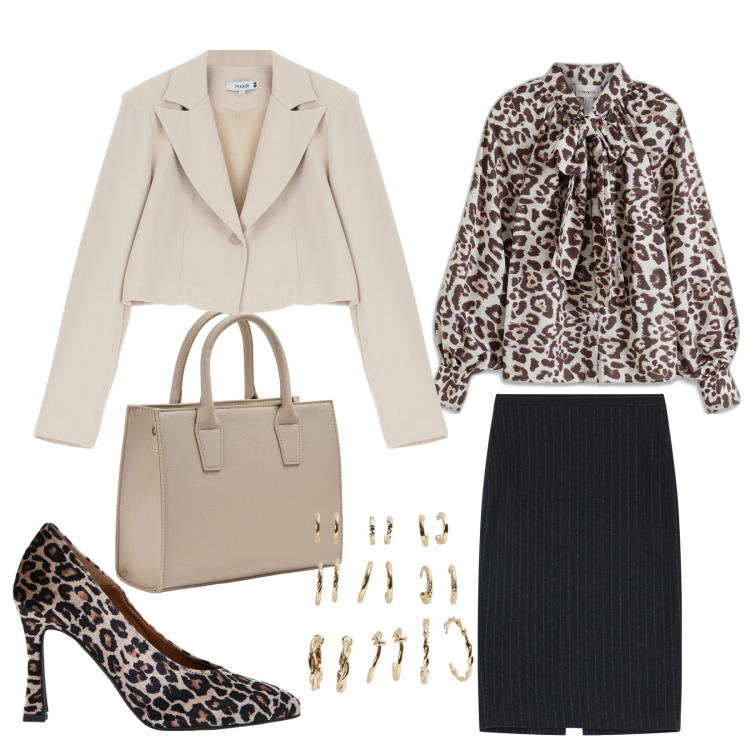 Outfit donna - Total look #2038171. Stile Chic per Ufficio. Abbinamento con camicie, shopping bag, orecchini, blazer, décolleté, gonne longuette.