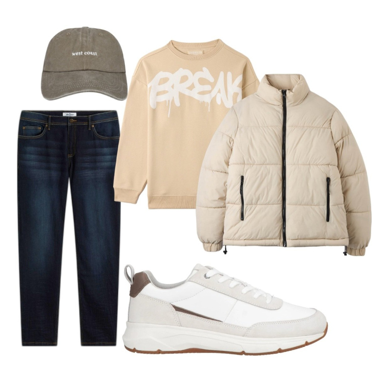 Outfit uomo - Total look #2038174. Stile Casual per Tutti i giorni. Abbinamento con jeans slim fit, sneakers, cappelli, felpe, piumini.