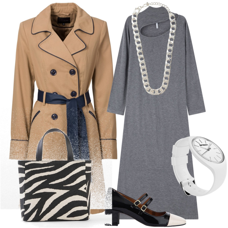 Outfit donna - Pronta per il lavoro. Stile Urban per Ufficio. Abbinamento con borse a mano, trench, collane, vestiti asimmetrici, décolleté, orologi.