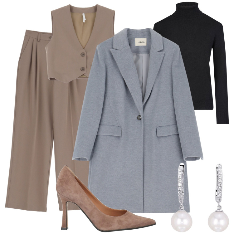 Outfit donna - Like a man. Stile Mannish per Tutti i giorni. Abbinamento con décolleté, gilet, pantaloni, cappotti, orecchini, maglieria.