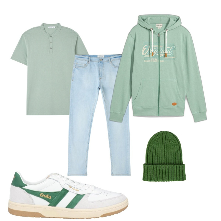 Outfit uomo - Total look #2038184. Stile Casual per Tutti i giorni. Abbinamento con felpe con cappuccio, sneakers, jeans skinny, t-shirt, berretti.