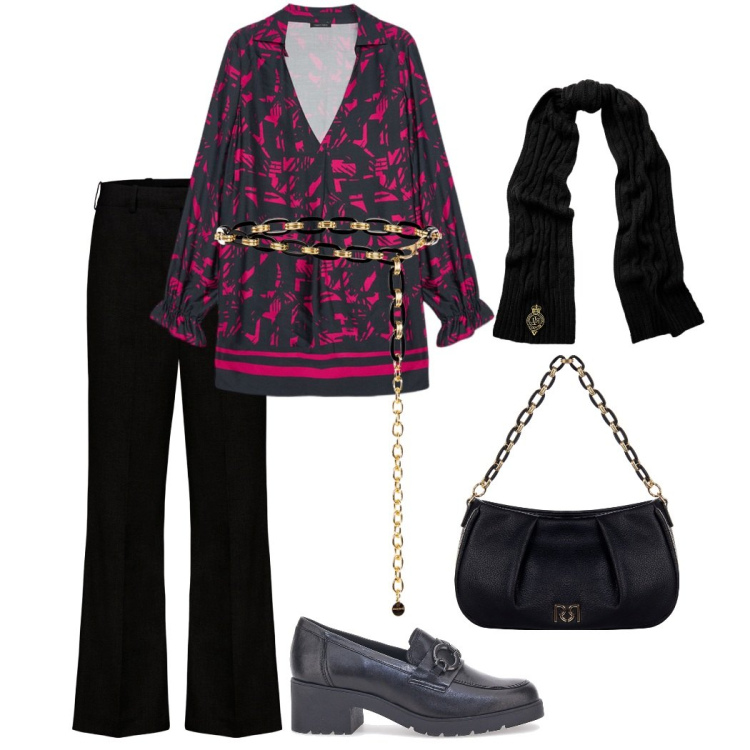 Outfit donna - Le tue curve. Stile Casual chic per Ufficio. Abbinamento con cinture, borse a tracolla, sciarpe, mocassini, bluse, pantaloni.