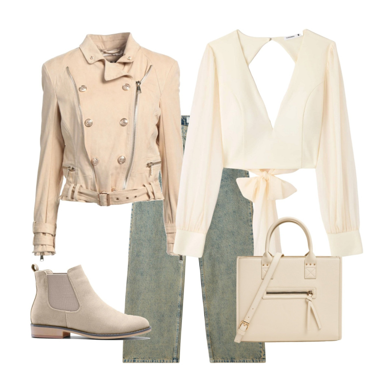 Outfit donna - Toni del panna e beige. Stile Casual chic per Tutti i giorni. Abbinamento con stivaletti chelsea, blazer, bluse, jeans, shopping bag.