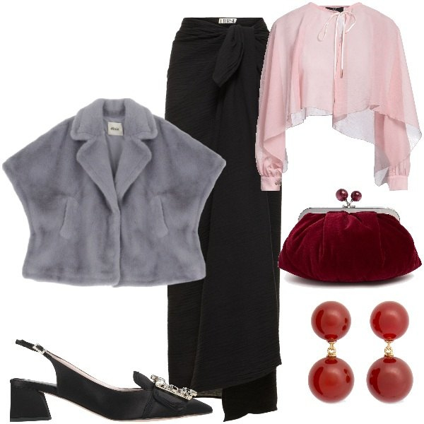 Outfit donna - A teatro. Stile Glamour per Serata fuori. Abbinamento con camicie, décolleté, blazer, gonne, orecchini, pochette.