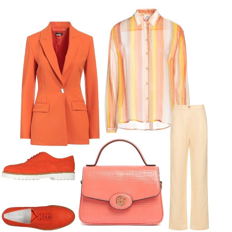 Outfit donna - Voglia di sole. Stile Casual chic per Ufficio. Abbinamento con scarpe stringate, blazer, camicie, pantaloni, borse a mano.