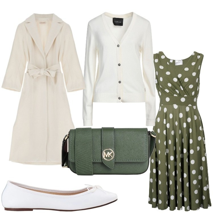 Outfit donna - Un inverno a pois. Stile Bon Ton per Serata fuori. Abbinamento con vestiti, borse a tracolla, ballerine, cardigans, cappotti.