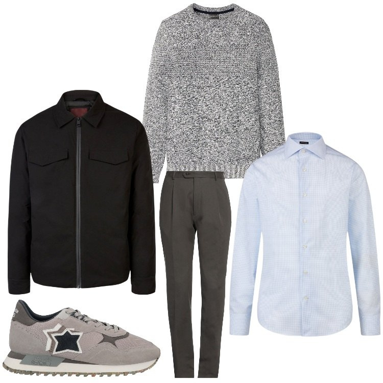 Outfit uomo - Un esame all´universita´. Stile Casual per Ufficio. Abbinamento con maglieria, sneakers, pantaloni, camicie, piumini.
