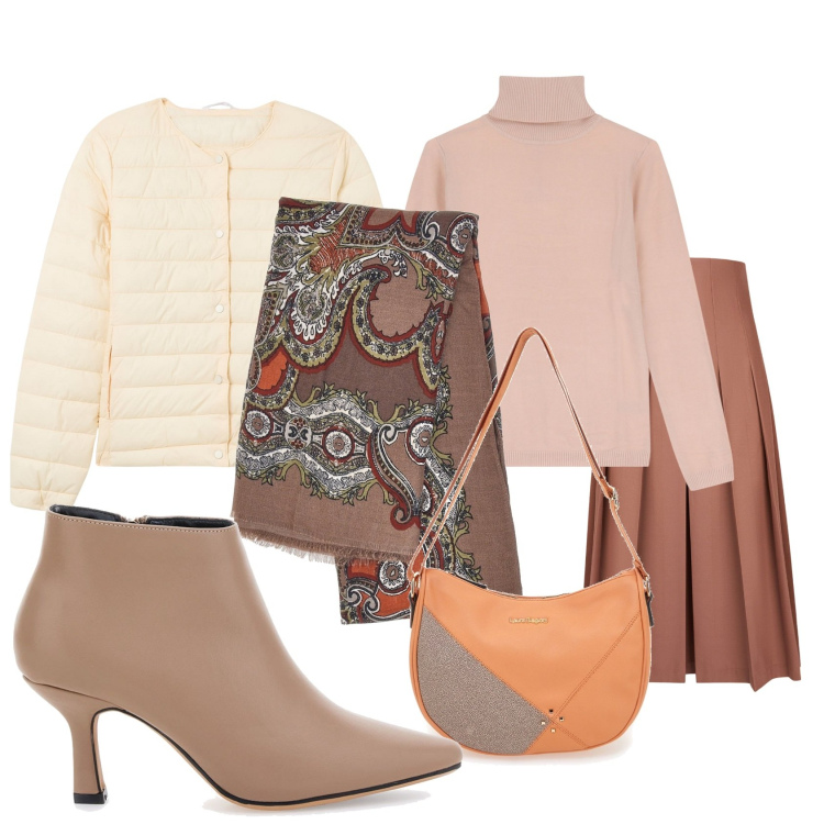 Outfit donna - Total look #2038234. Stile Casual chic per Tutti i giorni. Abbinamento con piumini, maglieria, borse a tracolla, foulard, stivaletti, gonne longuette.