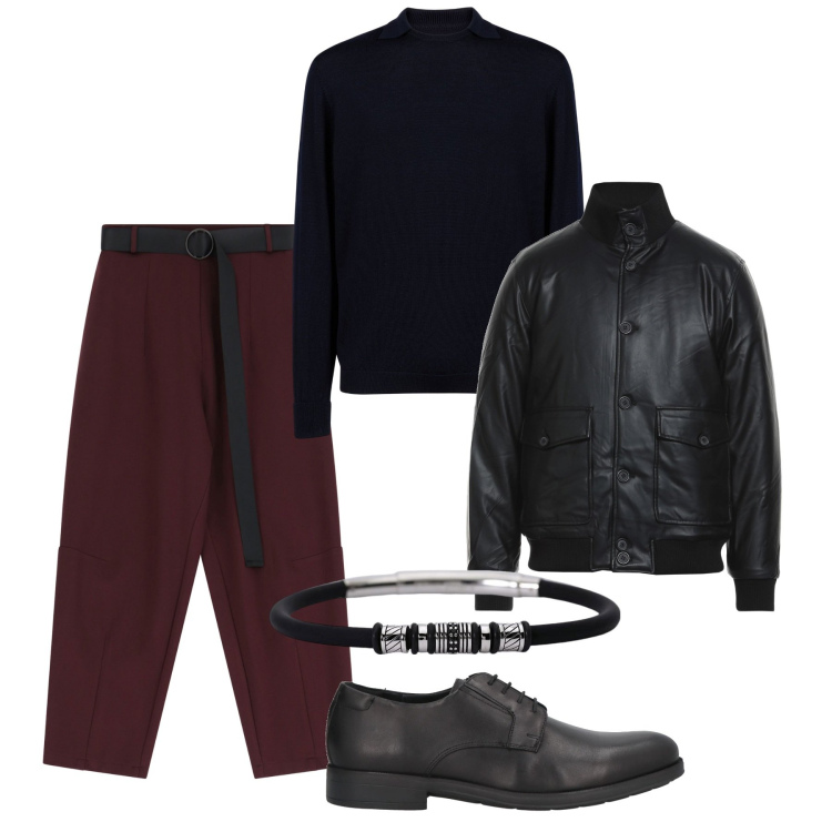 Outfit uomo - Serata. Stile Trendy per Serata speciale. Abbinamento con scarpe stringate, giacche, braccialetti, pantaloni, maglieria.