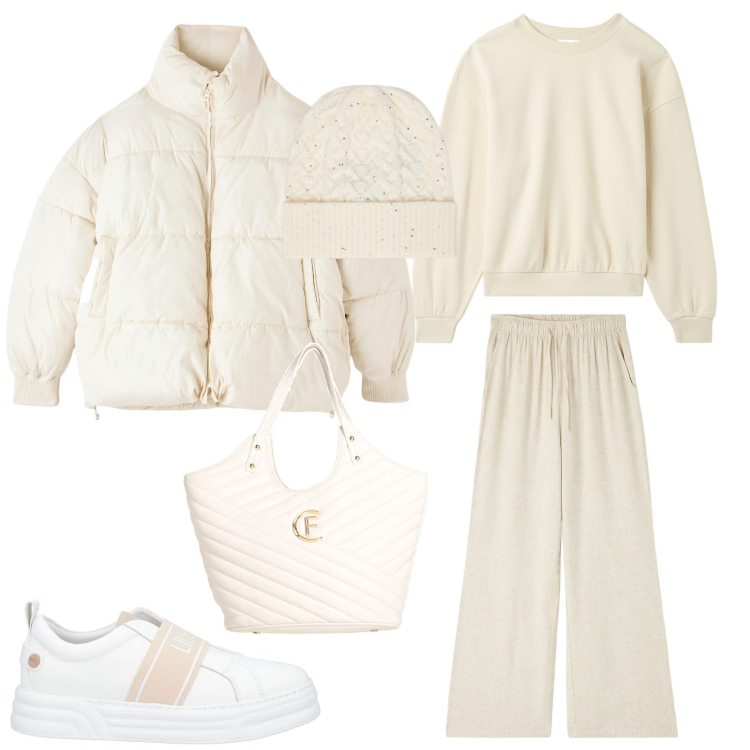 Outfit donna - Mix white. Stile Casual per Scuola/Università. Abbinamento con borse a mano, sneakers, pantaloni, piumini, felpe, cappelli.