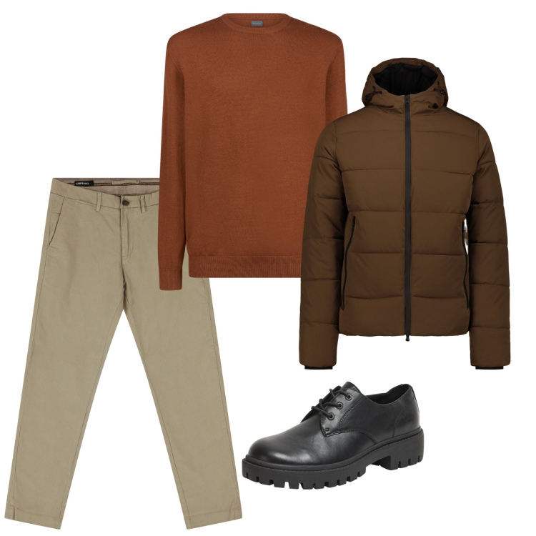 Outfit uomo - Marrone. Stile Casual per Tutti i giorni. Abbinamento con scarpe stringate, pantaloni chino, maglieria, piumini.
