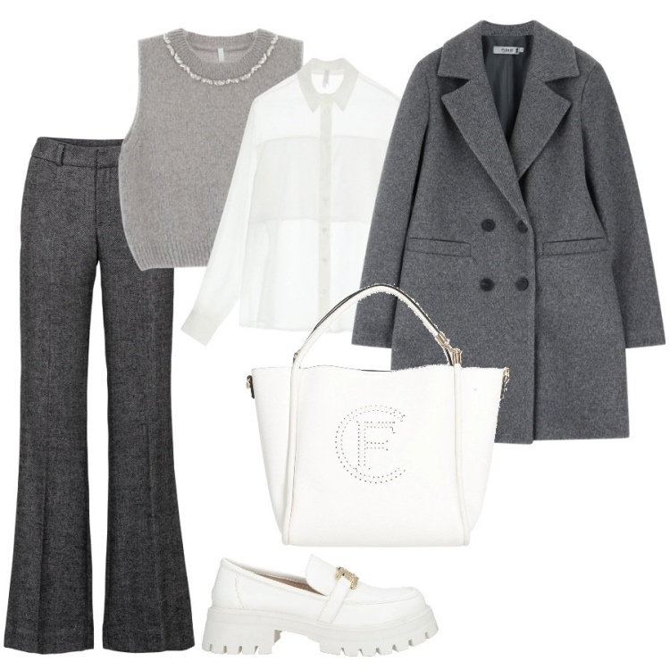 Outfit donna - The grey and white. Stile Casual chic per Ufficio. Abbinamento con pantaloni a palazzo, borse a mano, mocassini, cappotti, camicie, maglieria.