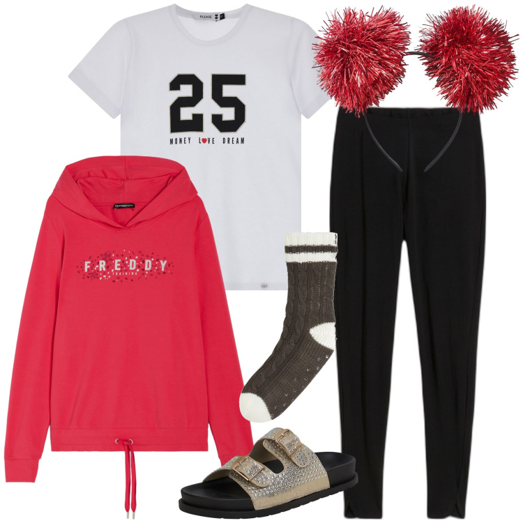 Outfit donna - Relax. Stile Basic per Tutti i giorni. Abbinamento con leggings, calzini, ciabatte, cerchietti, t-shirt, felpe con cappuccio.