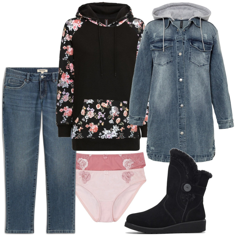 Outfit donna - Denim. Stile Trendy per Tutti i giorni. Abbinamento con blazer, culotte, stivali, felpe con cappuccio, jeans boyfriend.
