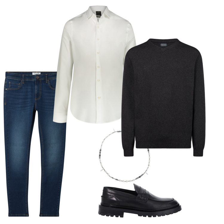Outfit uomo - Informale. Stile Casual per Ufficio. Abbinamento con jeans skinny, scarpe stringate, collane, camicie, maglieria.
