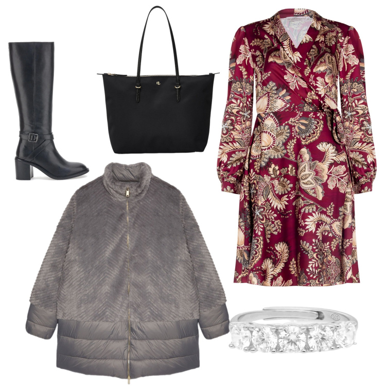 Outfit donna - Total look #2038320. Stile Casual chic per Tutti i giorni. Abbinamento con anelli, vestiti, borse tote, stivali, piumini.