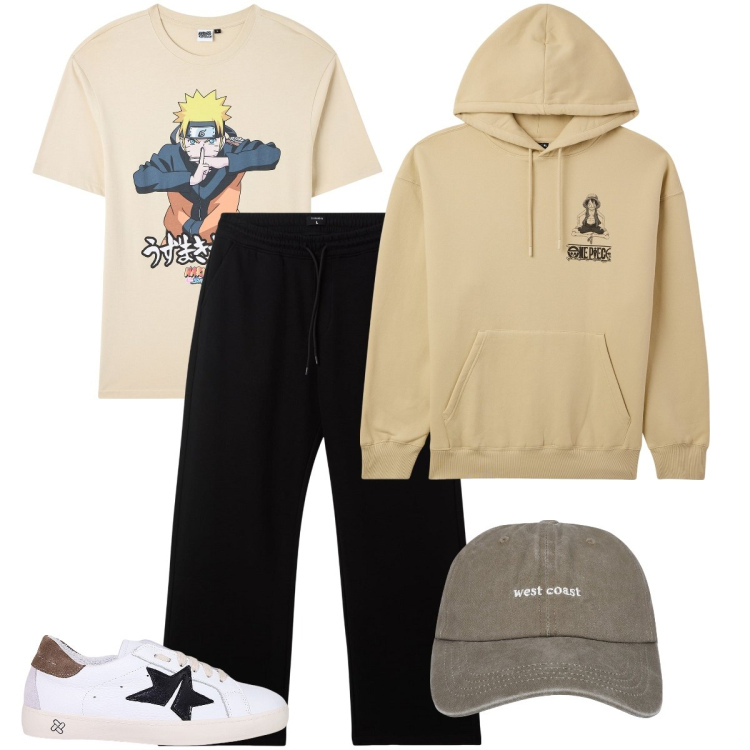 Outfit uomo - Boy’s style. Stile Casual per Tutti i giorni. Abbinamento con t-shirt, cappelli, felpe con cappuccio, pantaloni, sneakers.
