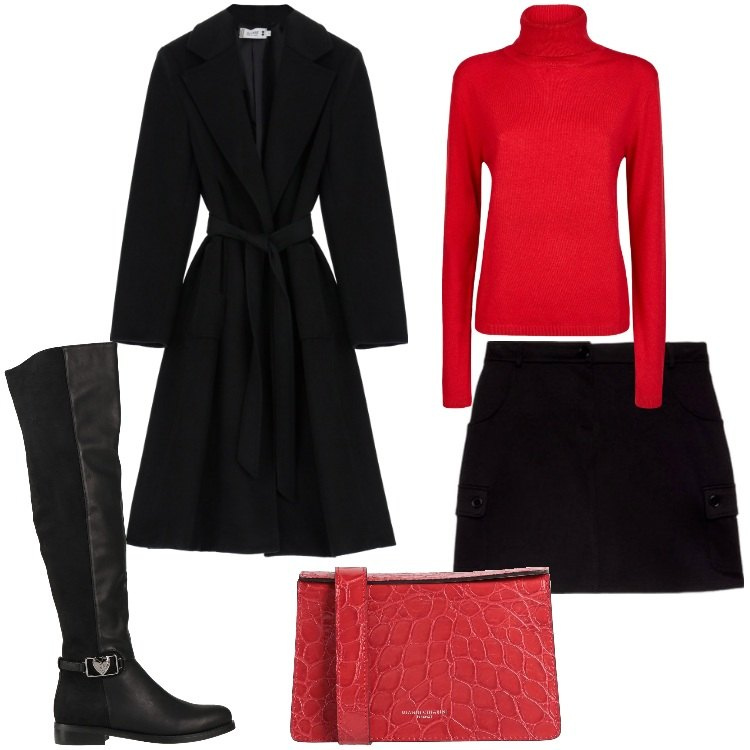 Outfit donna - Rosso e la mini nera. Stile Casual chic per Serata fuori. Abbinamento con borse a tracolla, stivali sopra il ginocchio, cappotti, maglieria, minigonne.