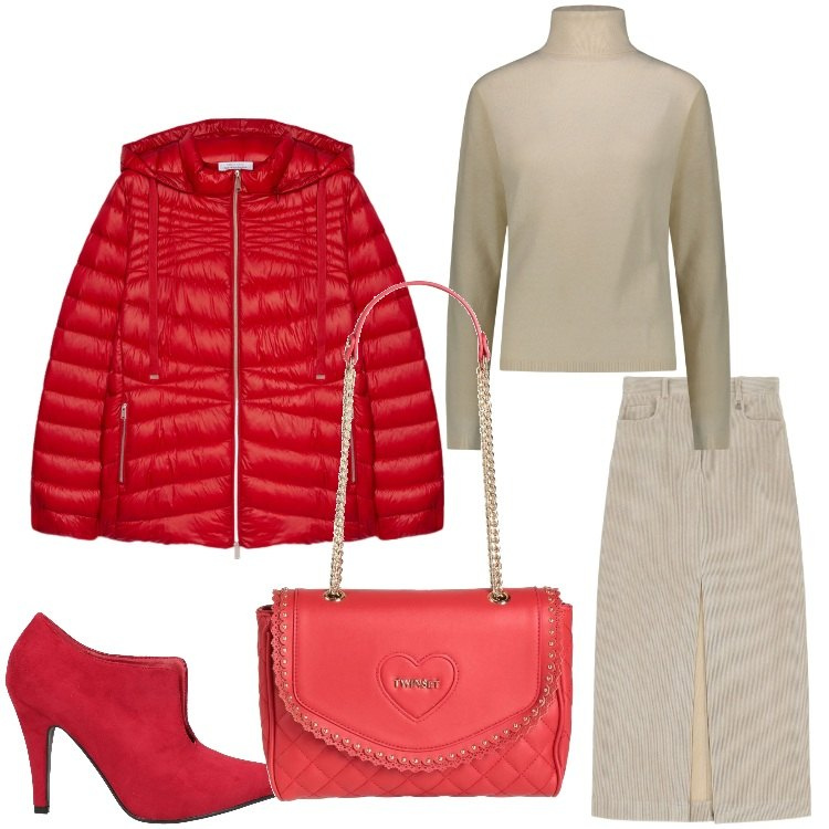 Outfit donna - Rosso chic. Stile Chic per Serata fuori. Abbinamento con borse a mano, décolleté, gonne lunghe, pullovers, piumini.