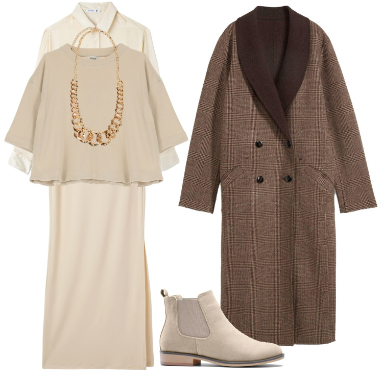 Outfit donna - Tono su tono. Stile Trendy per Tutti i giorni. Abbinamento con stivaletti chelsea, cappotti, gonne lunghe, camicie, maglieria, collane.