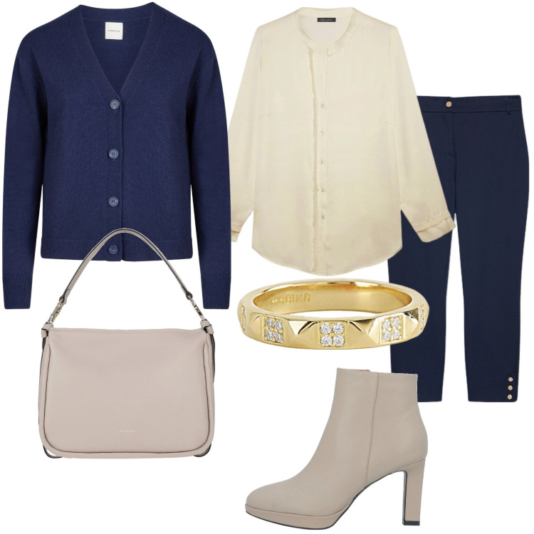 Outfit donna - Total look #2038344. Stile Basic per Ufficio. Abbinamento con stivaletti, borse a mano, anelli, cardigans, camicie, pantaloni.