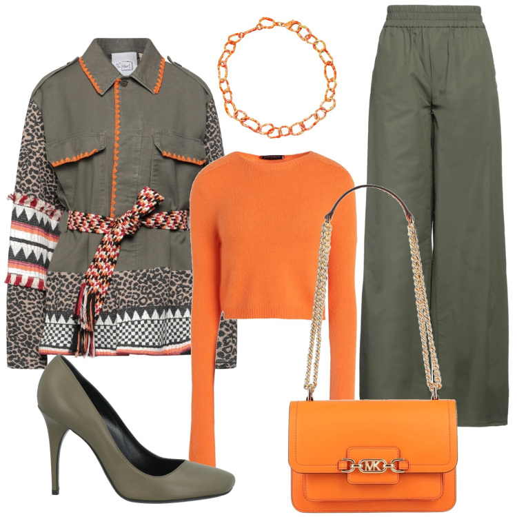 Outfit donna - Total look #2038352. Stile Casual chic per Tutti i giorni. Abbinamento con camicie, pullovers, collane, décolleté, borse a spalla, pantaloni.