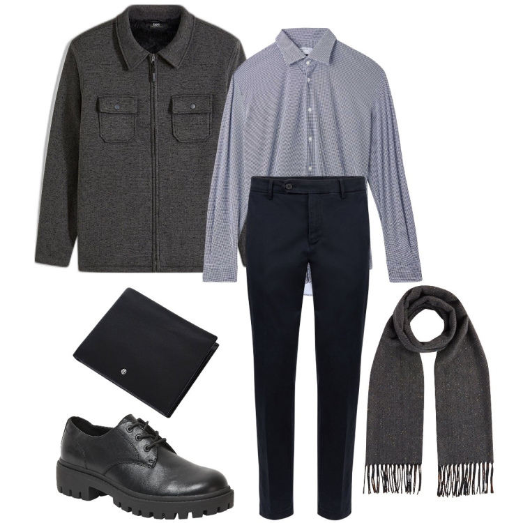 Outfit uomo - Il caban grigio. Stile Business/Elegante per Ufficio. Abbinamento con giacche, scarpe stringate, camicie, portafogli, pantaloni chino, sciarpe.