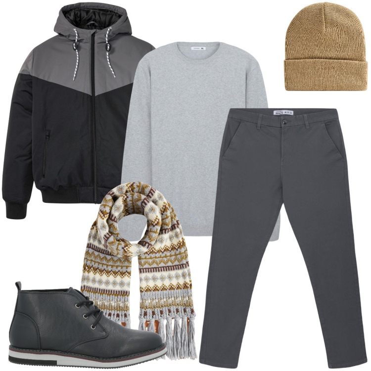 Outfit uomo - Tendenze grigie. Stile Casual per Ufficio. Abbinamento con giacche, stivali e stivaletti, pantaloni chino, berretti, maglieria, sciarpe.