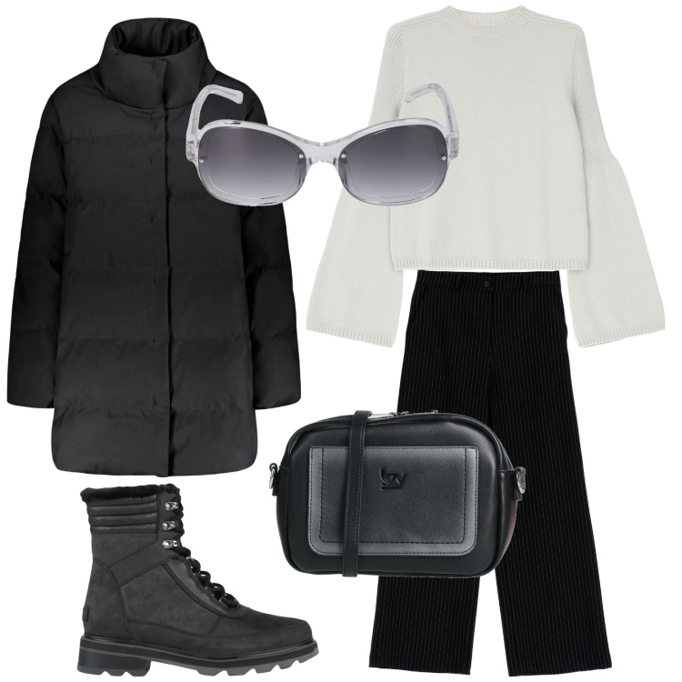 Outfit donna - Total look #2038374. Stile Basic per Tutti i giorni. Abbinamento con borse a tracolla, stivaletti, pantaloni, maglieria, piumini, occhiali da sole.