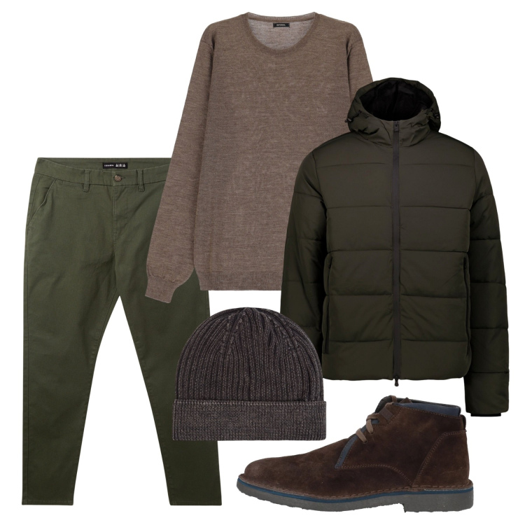 Outfit uomo - Gennaio. Stile Casual per Tutti i giorni. Abbinamento con stivali e stivaletti, pantaloni chino, berretti, maglieria, piumini.