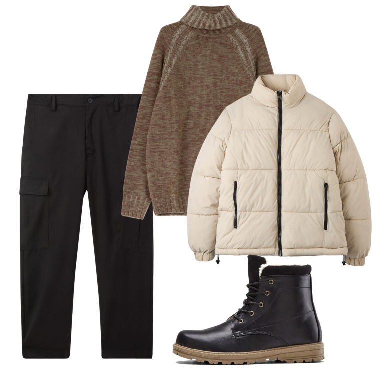 Outfit uomo - Caramello e ecrù. Stile Casual per Tutti i giorni. Abbinamento con stivali e stivaletti, piumini, pantaloni cargo, maglieria.