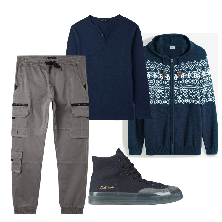 Outfit uomo - Cardigan e cargo. Stile Urban per Tutti i giorni. Abbinamento con sneakers alte, cardigans, pantaloni cargo, t-shirt.
