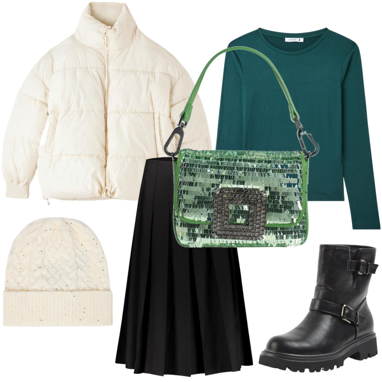 Outfit donna - La borsa a mano con paillettes. Stile Glamour per Tutti i giorni. Abbinamento con borse a mano, stivaletti, piumini, t-shirt, gonne longuette, cappelli.