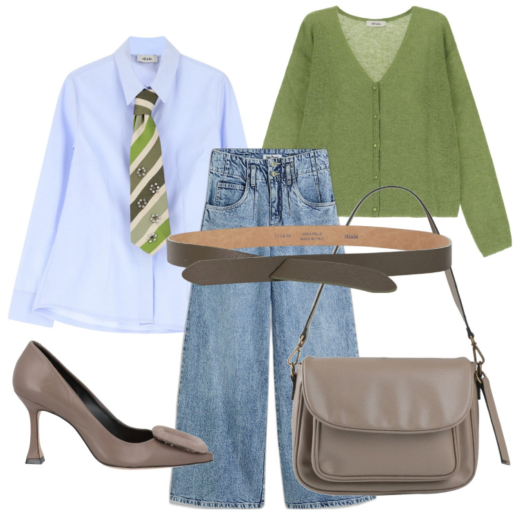 Outfit donna - Aria di primavera. Stile Casual chic per Tutti i giorni. Abbinamento con jeans, borse a spalla, décolleté, cinture, cardigans, camicie.